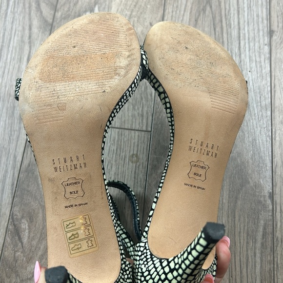 Perfect Stuart Weitzman ankle strap 3” heel patterned sandals black cream 6 - Picture 9 of 9